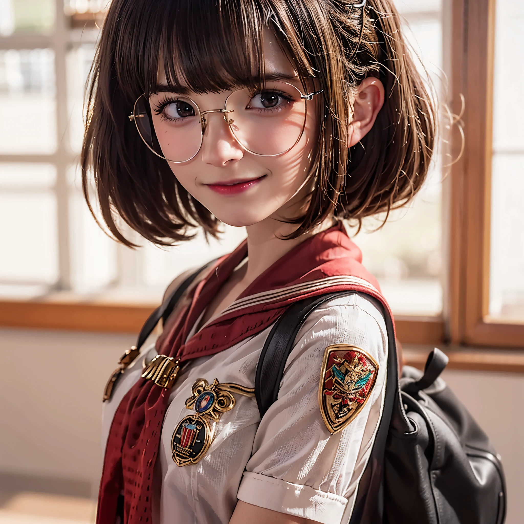 Side, Indonesian girl 13 year old, gigantic breast, short ponytail hair style, round face, detailed face, shiny glasses, wearing Scout outfit, red white tie, brown mini skirt , pantyhose, shoes school, uniform embroidered brown name tag "Vivi " wearing black school bag , standing in classroom, hyperdetail, 8k, masterpiece, lens glare, sharp eyes, masterpiece, best quality:1.2),,(8k,highres,RAW photo,realistic,photo-realistic:1.3),(detailed skin texture,detailed cloth texture,beautiful detailed face:1.25),professional lighting,photon mapping,beautiful soft light,radiosity,physically-based rendering,raytracing, model shoot style, model shoot style, (extremely detailed CG unity 8k wallpaper), full shot body photo of the most beautiful artwork in the world,