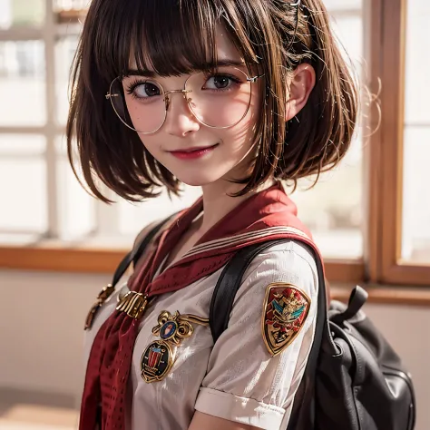 side, indonesian girl 13 year old, gigantic breast, short ponytail hair style, round face, detailed face, shiny glasses, wearing...