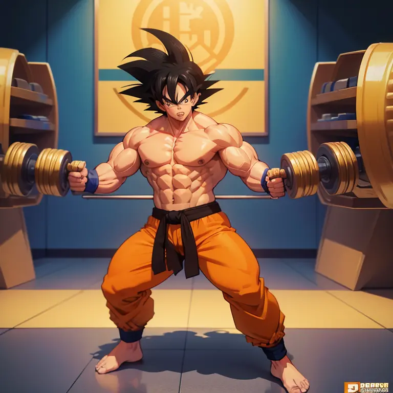 (eine detaillierte zeichnung von son goku, bodybuilding gym.), shirtless, barefoot