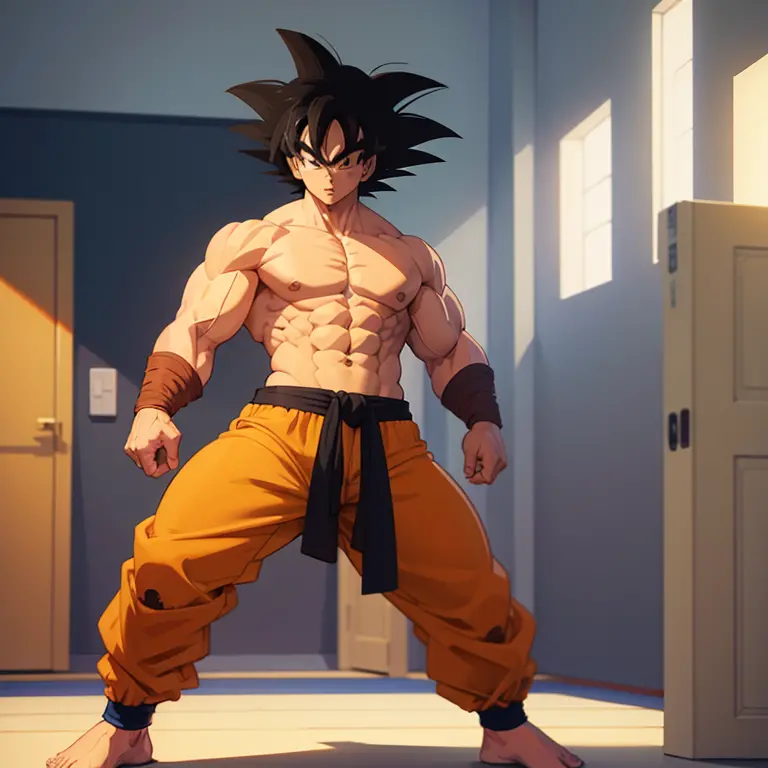 (eine detaillierte zeichnung von son goku, bodybuilding gym.), shirtless, barefoot