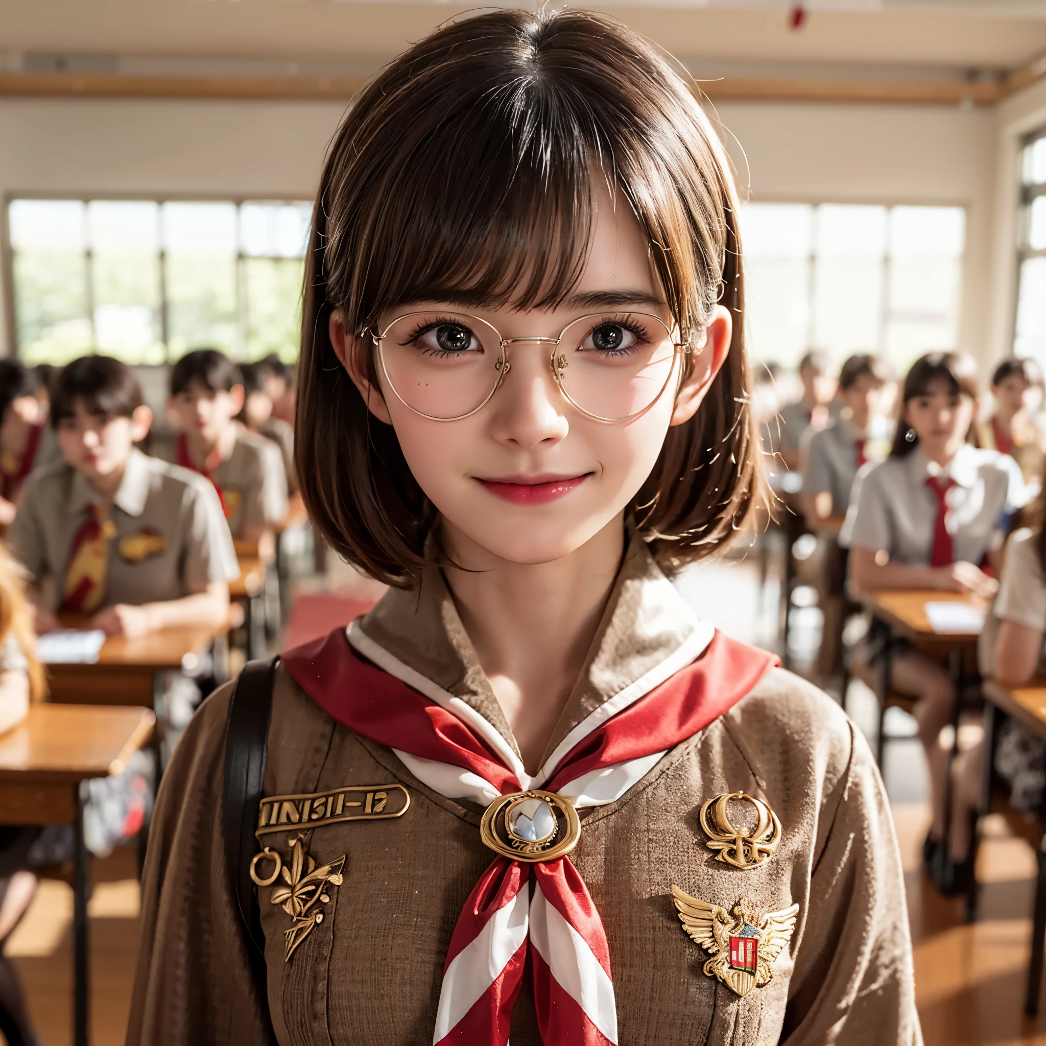 Side, Indonesian girl 13 year old, gigantic breast, short ponytail hair style, round face, detailed face, shiny glasses, wearing Scout outfit, red white tie, brown mini skirt , pantyhose, shoes school, uniform embroidered brown name tag "Vivi " wearing black school bag , standing in classroom, hyperdetail, 8k, masterpiece, lens glare, sharp eyes, masterpiece, best quality:1.2),,(8k,highres,RAW photo,realistic,photo-realistic:1.3),(detailed skin texture,detailed cloth texture,beautiful detailed face:1.25),professional lighting,photon mapping,beautiful soft light,radiosity,physically-based rendering,raytracing, model shoot style, model shoot style, (extremely detailed CG unity 8k wallpaper), full shot body photo of the most beautiful artwork in the world,