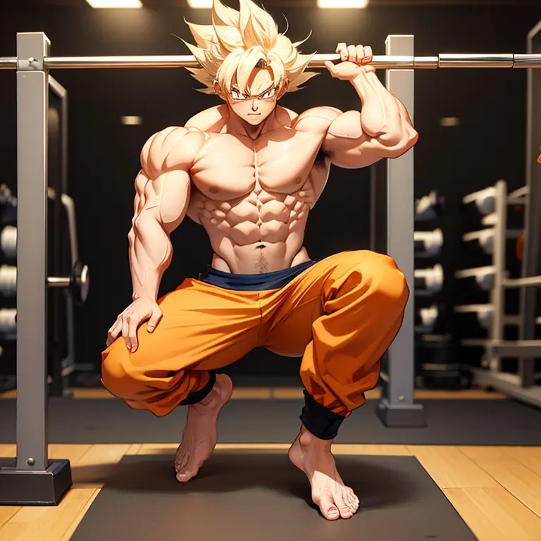 (Eine detaillierte Zeichnung von Son Goku, bodybuilding gym.), shirtless, barefoot
