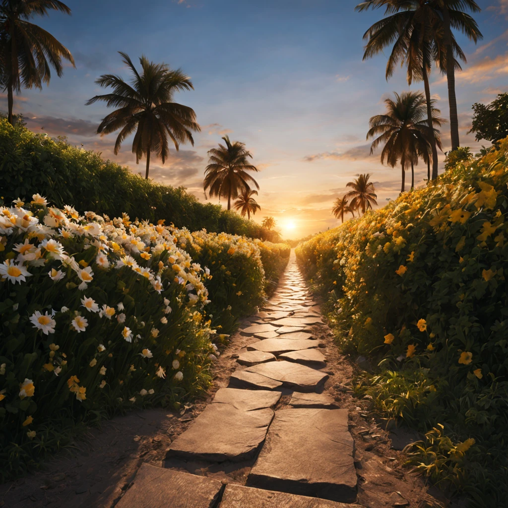 Octano, heaven, Paisagem, 1girl "Alexandra Daddario", perto de FLORES brancas，e o sol brilhava intensamente，The light from the back window is backlighted, Existe um caminho no meio do mar de flores，there is space between，There is a path in the center of the screen，The path leads to the distance，Quase real e muito virtual，FLORES brancas，There&#39;uma estrada no meio que leva para longe，the setting sun，变得 and the sun shone brightly，rico em detalhes，fotorrealista，Realismo，4K分辨率，textura rica，The painting style is smooth