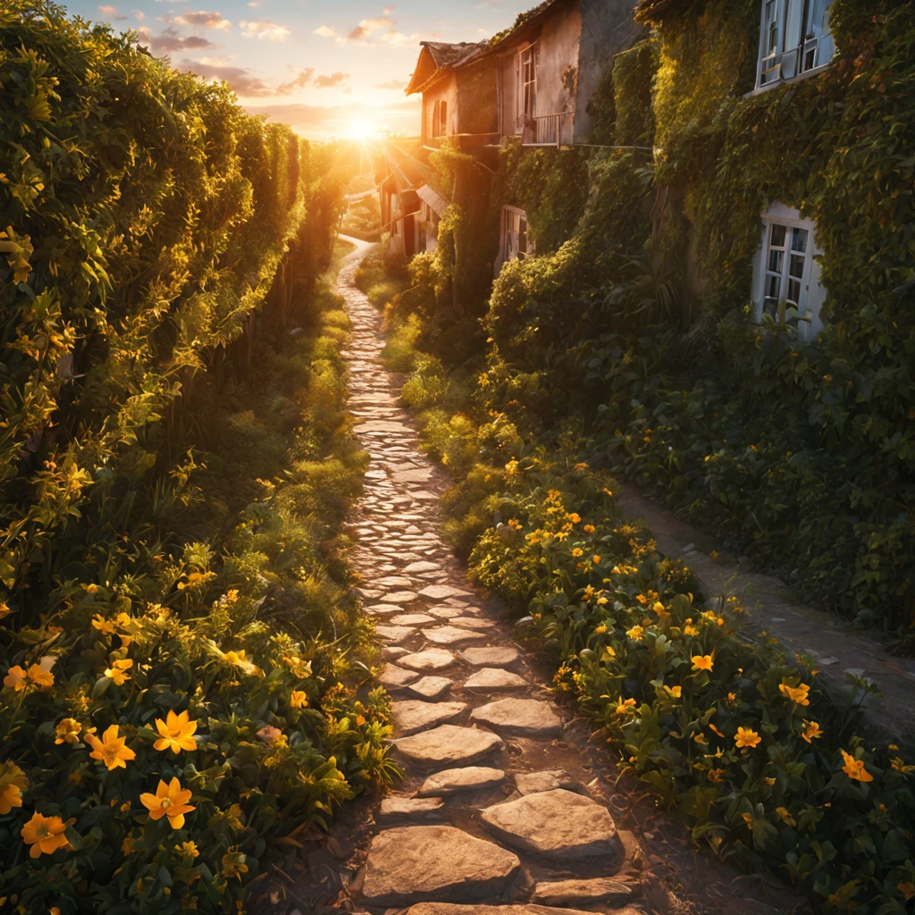 Oktan, Himmel, Landschaft, 1 Mädchen "Alexandra Daddario", perto de weiße Blumen，und die Sonne schien hell，Das Licht der Heckscheibe ist von hinten beleuchtet, Mitten im Blumenmeer verläuft ein Weg，es gibt Raum zwischen，Dort is a path in the center of the screen，Der Weg führt in die Ferne，Fast real und sehr virtuell，weiße Blumen，Dort&#39;eine Straße in der Mitte, die wegführt，die untergehende Sonne，变得 und die Sonne schien hell，REICH AN DETAILS，fotorealistisch，Realismus，4K-Auflösung，reichhaltige Textur，Der Malstil ist glatt