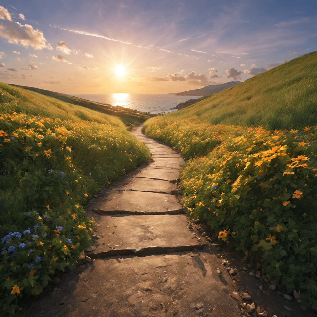 Oktan, Himmel, Landschaft, 1 Mädchen "Alexandra Daddario", perto de weiße Blumen，und die Sonne schien hell，Das Licht der Heckscheibe ist von hinten beleuchtet, Mitten im Blumenmeer verläuft ein Weg，es gibt Raum zwischen，Dort is a path in the center of the screen，Der Weg führt in die Ferne，Fast real und sehr virtuell，weiße Blumen，Dort&#39;eine Straße in der Mitte, die wegführt，die untergehende Sonne，变得 und die Sonne schien hell，REICH AN DETAILS，fotorealistisch，Realismus，4K-Auflösung，reichhaltige Textur，Der Malstil ist glatt