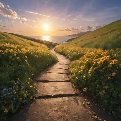 Octano, heaven, Paisagem, 1girl "Alexandra Daddario", perto de FLORES brancas，e o sol brilhava intensamente，The light from the b...