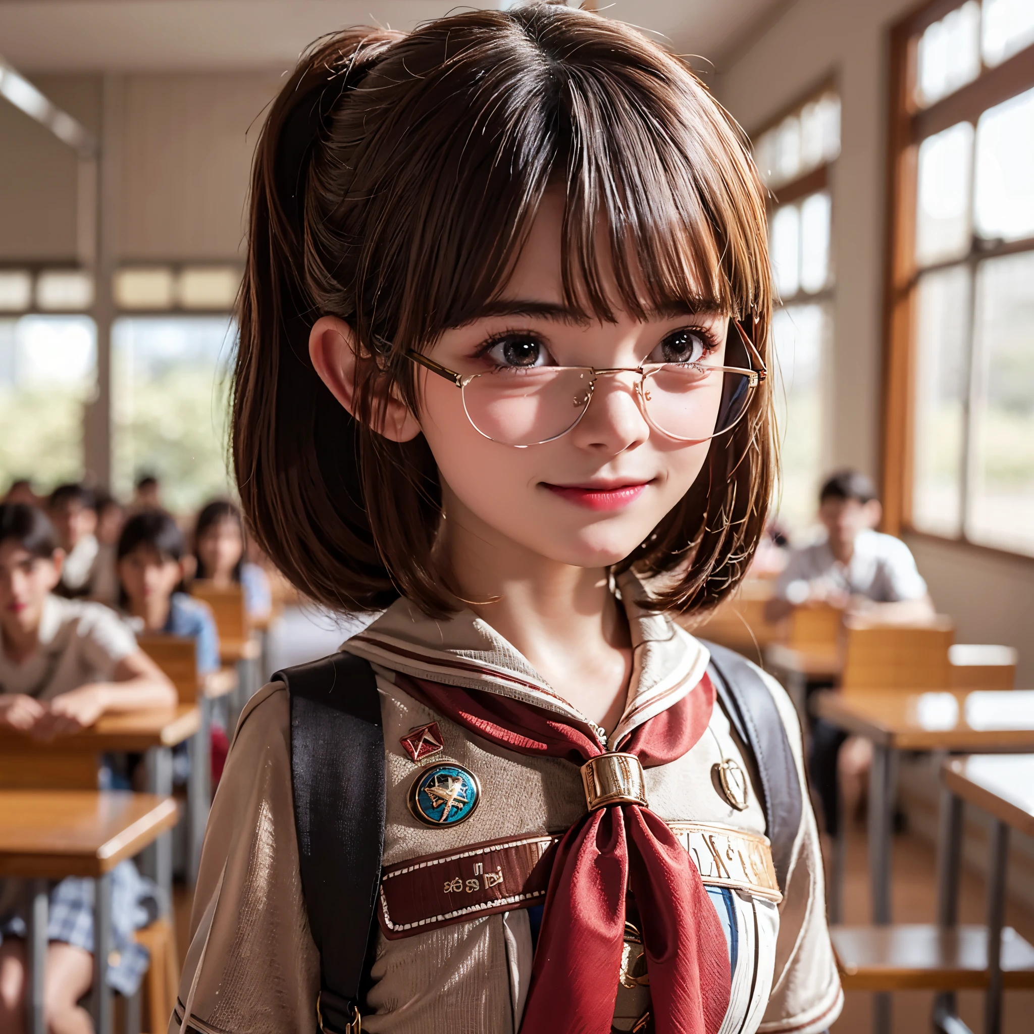 Side, Indonesian girl 13 year old, gigantic breast, short ponytail hair style, round face, detailed face, shiny glasses, wearing Scout outfit, red white tie, brown mini skirt , pantyhose, shoes school, uniform embroidered brown name tag "Vivi " wearing black school bag , standing in classroom, hyperdetail, 8k, masterpiece, lens glare, sharp eyes, masterpiece, best quality:1.2),,(8k,highres,RAW photo,realistic,photo-realistic:1.3),(detailed skin texture,detailed cloth texture,beautiful detailed face:1.25),professional lighting,photon mapping,beautiful soft light,radiosity,physically-based rendering,raytracing, model shoot style, model shoot style, (extremely detailed CG unity 8k wallpaper), full shot body photo of the most beautiful artwork in the world,