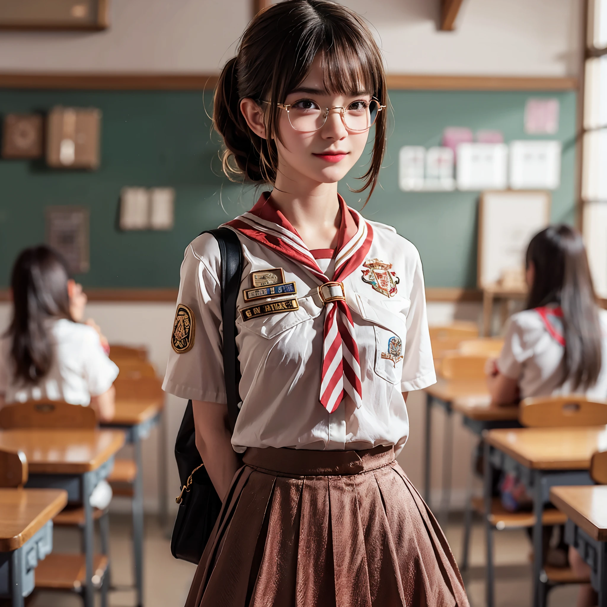 Side, Indonesian girl 13 year old, gigantic breast, short ponytail hair style, round face, detailed face, shiny glasses, wearing Scout outfit, red white tie, brown mini skirt , pantyhose, shoes school, uniform embroidered brown name tag "Vivi " wearing black school bag , standing in classroom, hyperdetail, 8k, masterpiece, lens glare, sharp eyes, masterpiece, best quality:1.2),,(8k,highres,RAW photo,realistic,photo-realistic:1.3),(detailed skin texture,detailed cloth texture,beautiful detailed face:1.25),professional lighting,photon mapping,beautiful soft light,radiosity,physically-based rendering,raytracing, model shoot style, model shoot style, (extremely detailed CG unity 8k wallpaper), full shot body photo of the most beautiful artwork in the world,