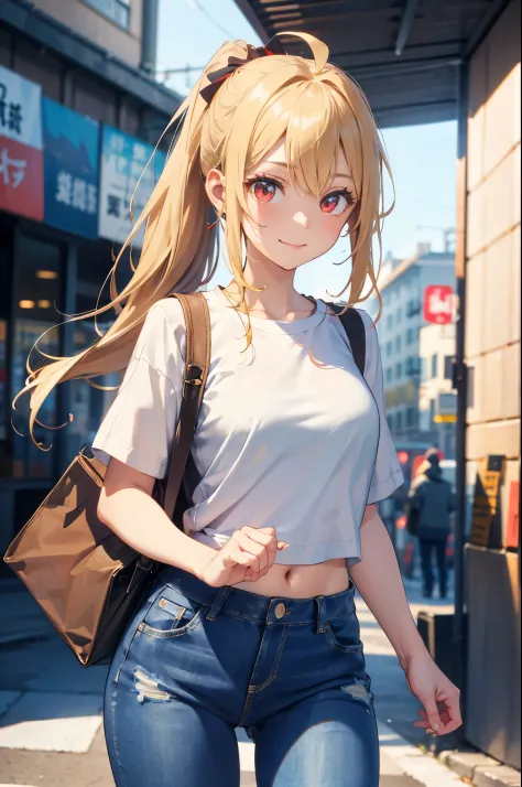 Blonde ponytail、Ahoge、big round red eyes、A slight smil、Illustration of a beautiful girl wearing a white shirt and jeans