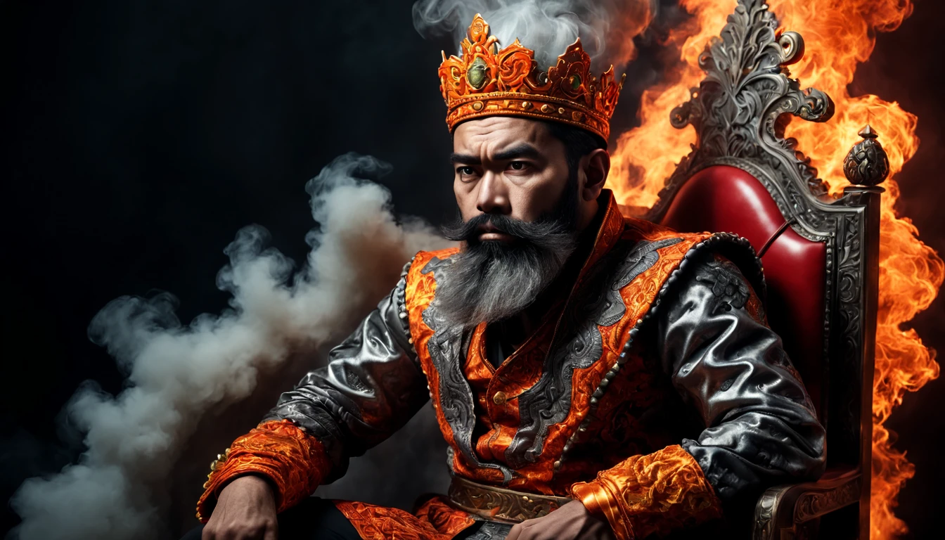 The image of a (athletic, bearded, 50s) Malay man (sitting with crossed legged) , and  wearing elaborate clothing with detailed texture. (Fiery with smoke) surround the base of the ultra detailed throne, creating a dramatic effect. ultrarealistic, 8k, high dynamic, raytracing