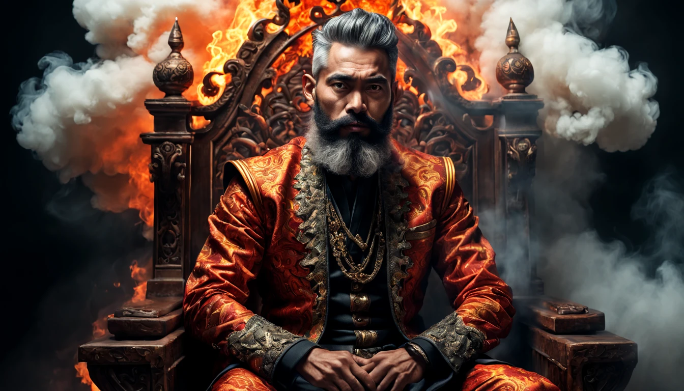 The image of a (athletic, bearded, 50s) Malay man (sitting with crossed legged) , and  wearing elaborate clothing with detailed texture. (Fiery with smoke) surround the base of the ultra detailed throne, creating a dramatic effect. ultrarealistic, 8k, high dynamic, raytracing