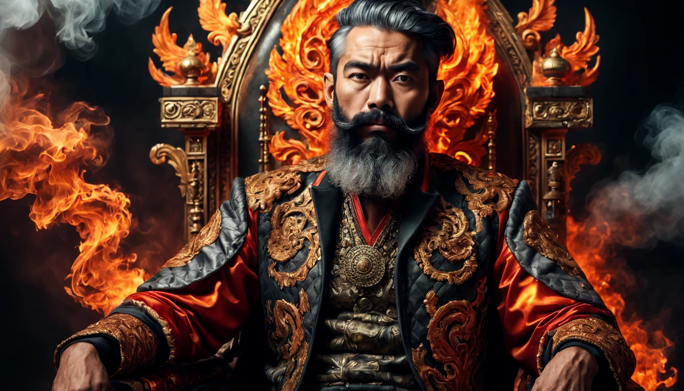 The image of a (athletic, bearded, 50s) Malay man (sitting with crossed legged) , and  wearing elaborate clothing with detailed texture. (Fiery with smoke) surround the base of the ultra detailed throne, creating a dramatic effect. ultrarealistic, 8k, high dynamic, raytracing