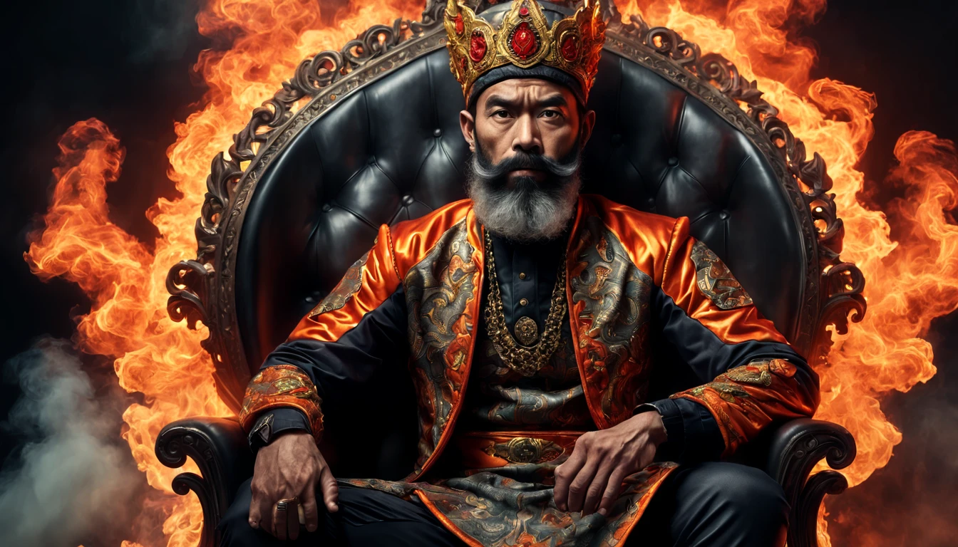 The image of a (athletic, bearded, 50s) Malay man (sitting with crossed legged) , and  wearing elaborate clothing with detailed texture. (Fiery with smoke) surround the base of the ultra detailed throne, creating a dramatic effect. ultrarealistic, 8k, high dynamic, raytracing