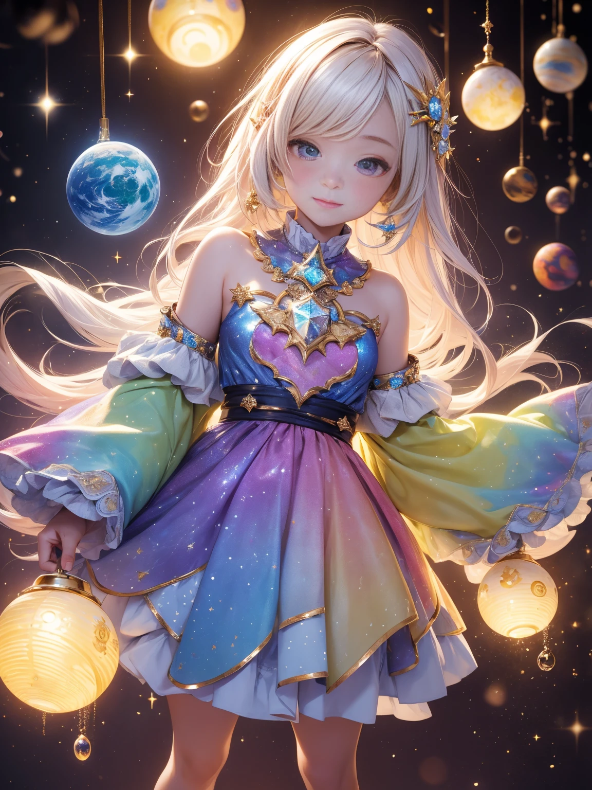 Masterpiece designs by the world's top AI artists, top-quality, 8K, High image quality, 、From diagonally above、Push up the heart-shaped diamond held in one hand、(Paint splashes)，Colorful ，Glow Color，lamplight，beautiful a girl，(full body Esbian)，Look at the camera、Glass-like outfits，Sleeves glow，small and big round eyes，cute little，Light in the eyes、embrace the earth with both hands、the universe expands infinitely，I don&#39;t even have time to breathe、A treasure trove of possibilities、Interdimensional space、detail precision cyber city、glitter spark、The background is planets and stars