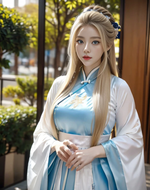 (tmasterpiece), HD hanfu female, European and American face, s the perfect face, Long blonde hair, eBlue eyes, Very charming,Fuller figure,larger,臀部larger.