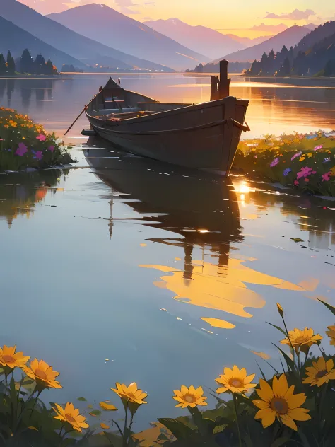 no_humans, (masterpiece, best quality:1.2), hill station, lake, boat closeup, mountains in distance, flowers, photorealistic sunset, neutral density, after rain, colorful, hdr