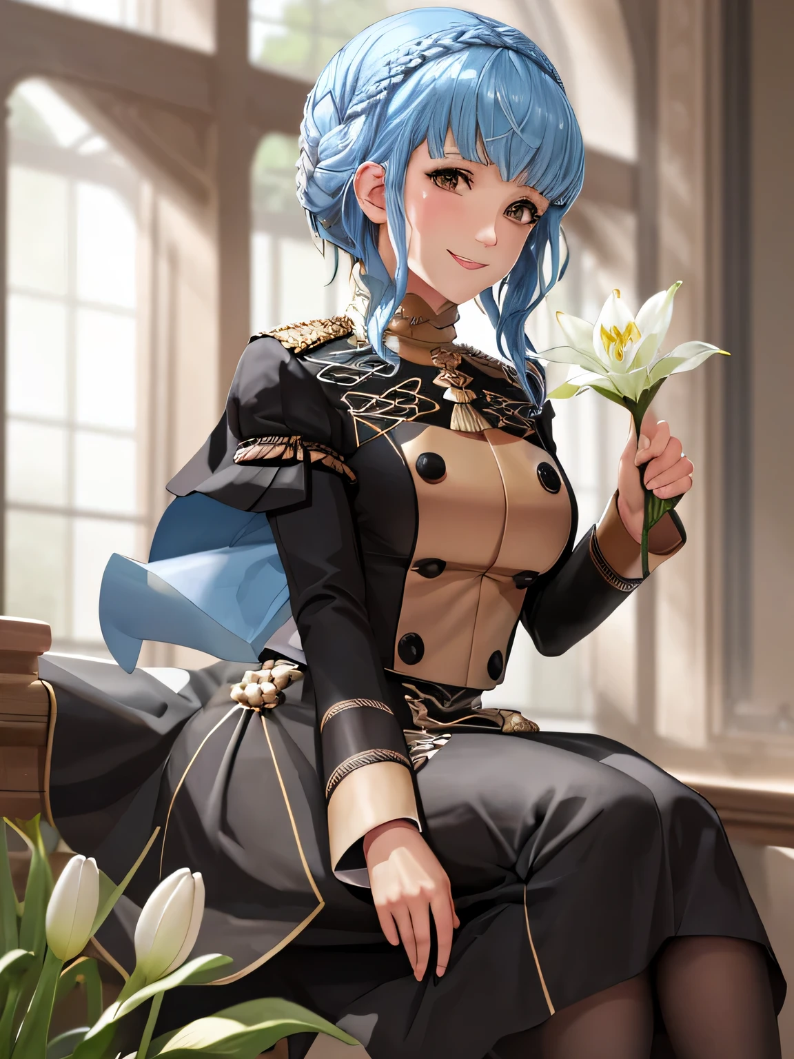 masterpiece, best quality, marianne_academy, uniform, black skirt, garreg mach monastery uniform, blue pantyhose, upper body, looking at viewer, smiling, holding a white lily of the valley flower