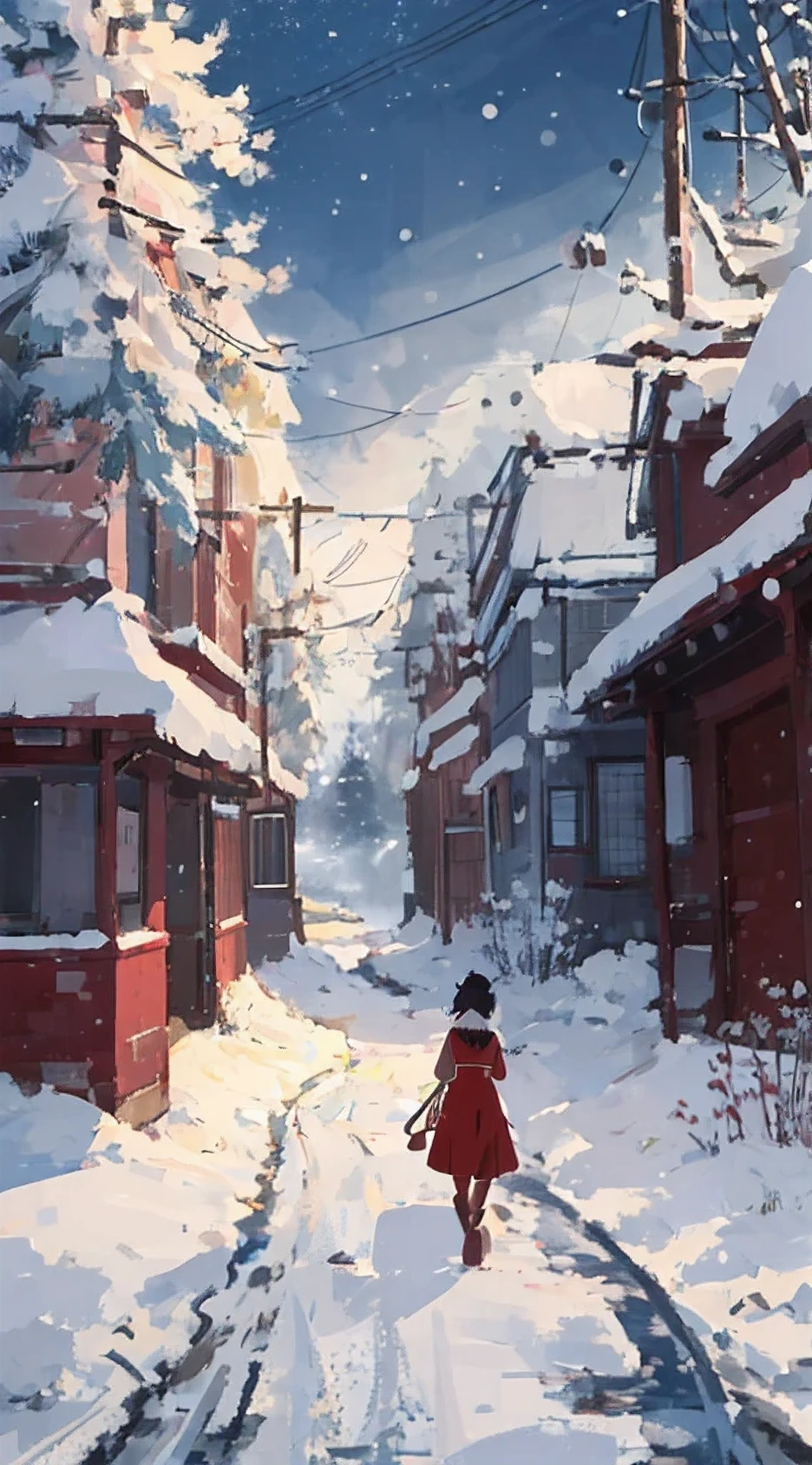 change weather，Night，Snowy Land scene of a woman walking down a Snowy Land street with a red umbrella, famiglia，warmth，Arte conceitual de inverno, realistic anime 3D style, 在Anime painter studio绘制, beautiful anime scenes, author：Anime painter studio, Anime background art, Snowy Land. author：Xinhai is sincere, style of anime. 8K, style of animed digital art, Beautiful digital artwork, A beautiful artistic illustration