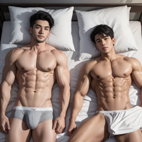 2boys，musculous，no clothes are worn，Lying on a light gray bed，There were pillows，Shoulder，With a smile，Do not cover the quilt，The quilt was padded to a size 46 feet，The two feet are side by side，Full body photo，The person on the left has long silky white h...