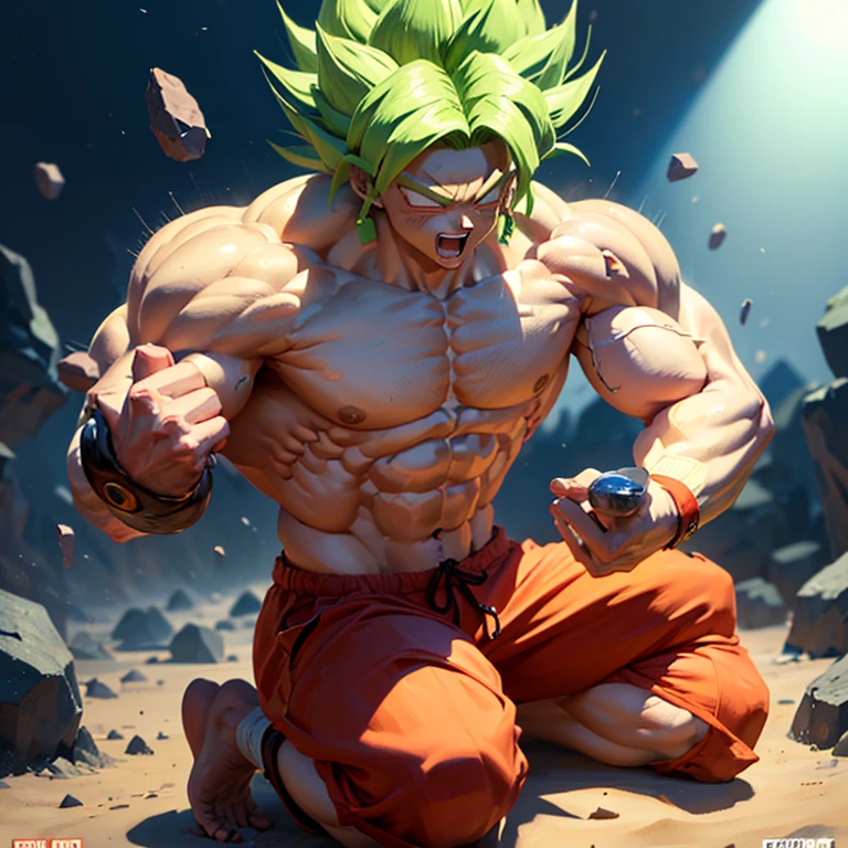 (Eine detaillierte Zeichnung von Son Goku, bodybuilding gym.), shirtless, barefoot