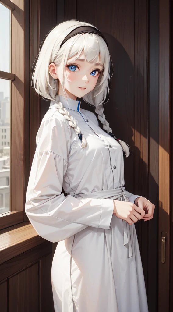 ((thawb)), braid, ((short bangs:1.4)), (white hair), (best quality:1.3), (highres1.3), (clear1.3), (8k:1.3), masterpiece, (detailed:1.1), 1girl, beautiful detailed eyes, beautiful detailed lips, extremely detailed eyes and face, long eyelashes,, blue eyes, shy smile, perfect proportion, face close up,