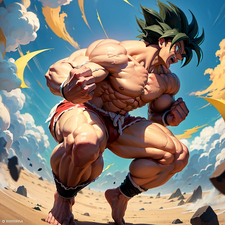 (Eine detaillierte Zeichnung von Son Goku, bodybuilding gym.), shirtless, barefoot, mma, kickboxing