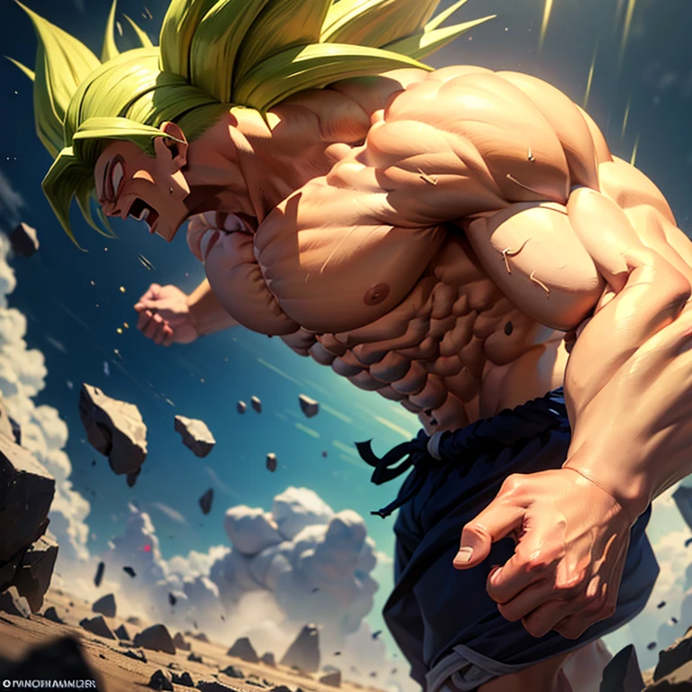 (Eine detaillierte Zeichnung von Son Goku, bodybuilding gym.), shirtless, barefoot, mma, kickboxing