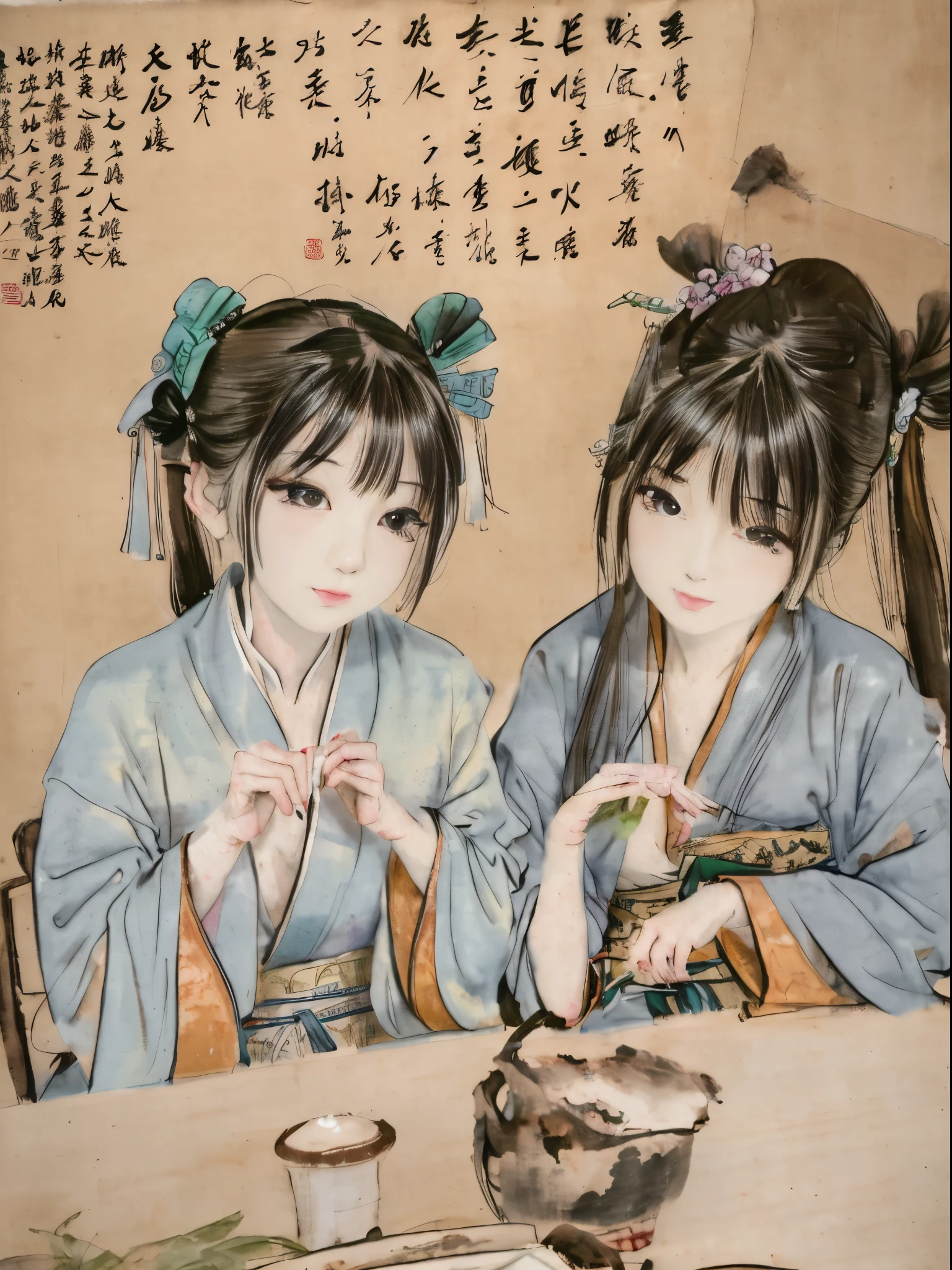 a close up of a full colour painting of people in a landscape, ancient chinese beauties, qing dynasty painting, by Wang Lü, su fu, mu pan, by Lü Ji, song dynasty, ancient china art style, chinese painting, robed figures sat around a table, by Wang Hui, by Yun Du-seo, old chines painting, traditional chinese painting