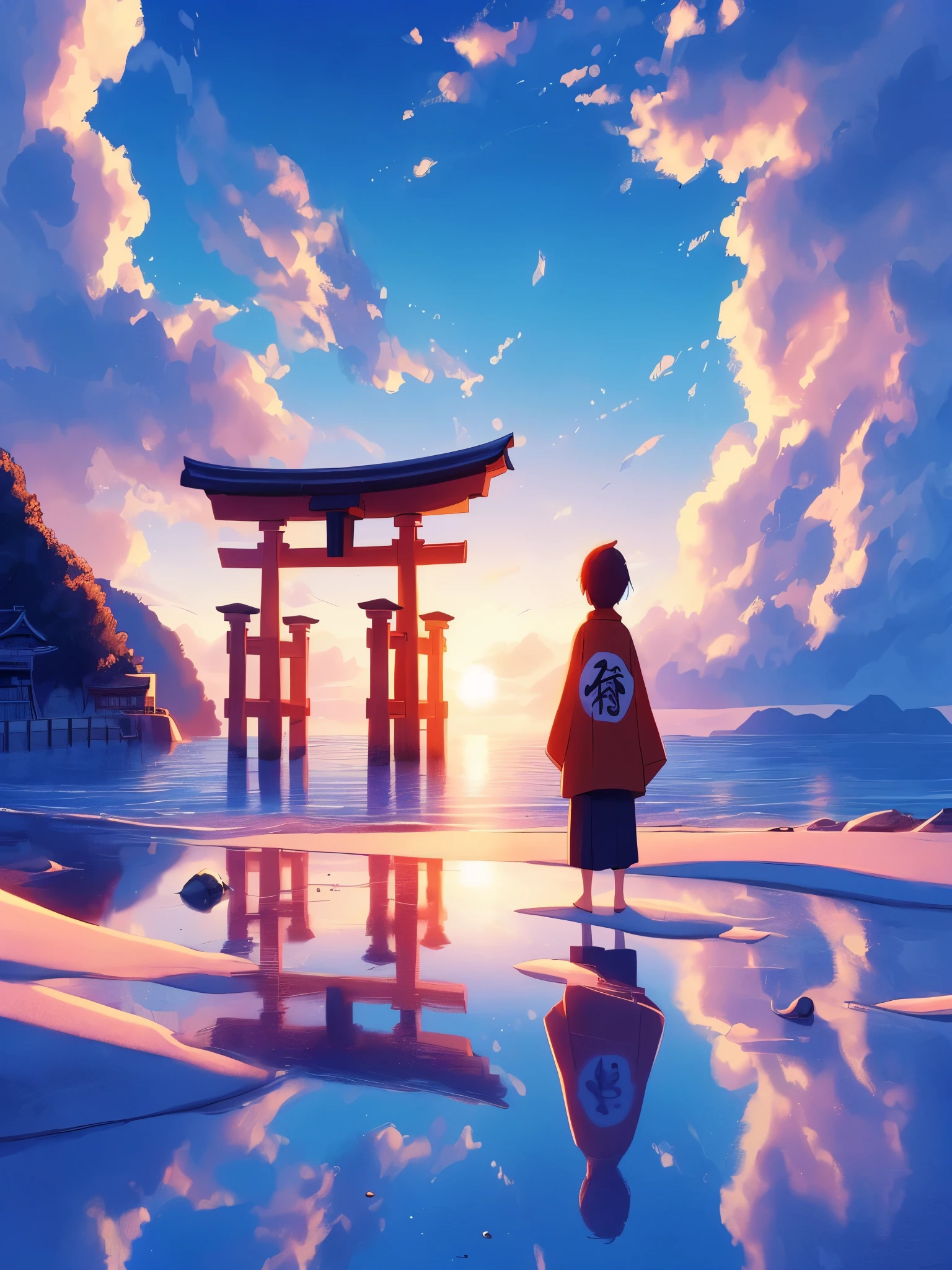 Draw anime lofi scene of a small monk standing in front of white sandbeach side Japanese torii, reflection, skyblue cloudy wide open sky. sunset, ambient light, vibrant colors, peaceful, natural color tones, cloudy sky, beautiful color palette, vibrant saturated colors, masterpiece, no human