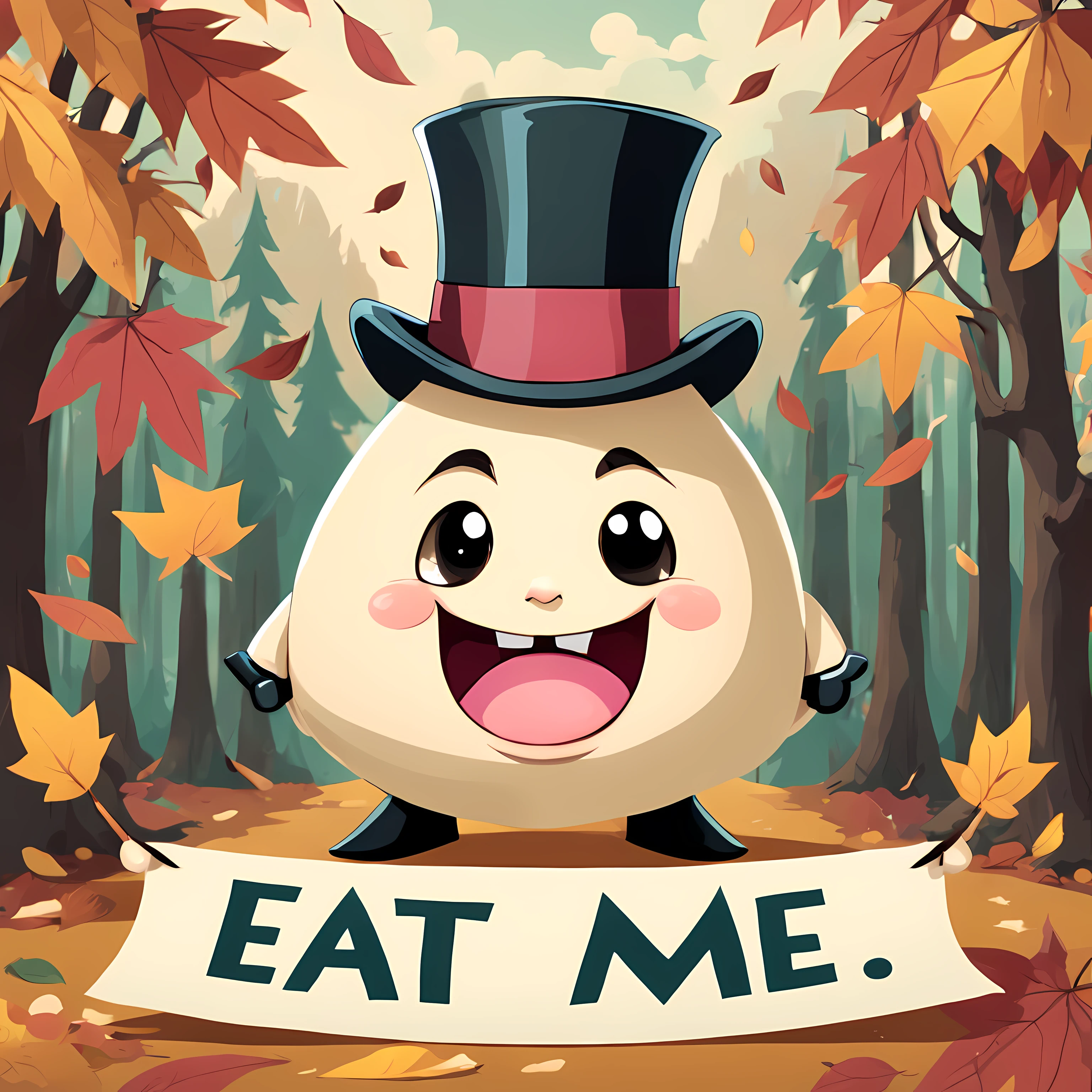 Cute Cartoon, CuteCartoonAF, (cute cartoon style:1.3), (solo:1.3). | A mischievous anthropomorphic (dumpling). | Dressed in a Victorian attire, complete with a dapper suit, a top hat. | The dumpling holds a vintage-looking paper which boldly displays the words "Eat Me" in elegant calligraphy. | Vivid autumn (forest) in the background. | More_Detail