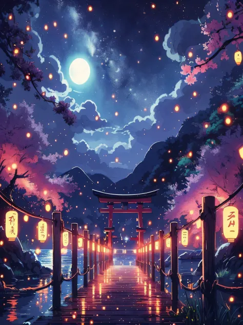 draw anime lofi high resolution scene 16mm view of torii surrounded by fireflies on a bridge on a lake, sakura trees, full moon ...