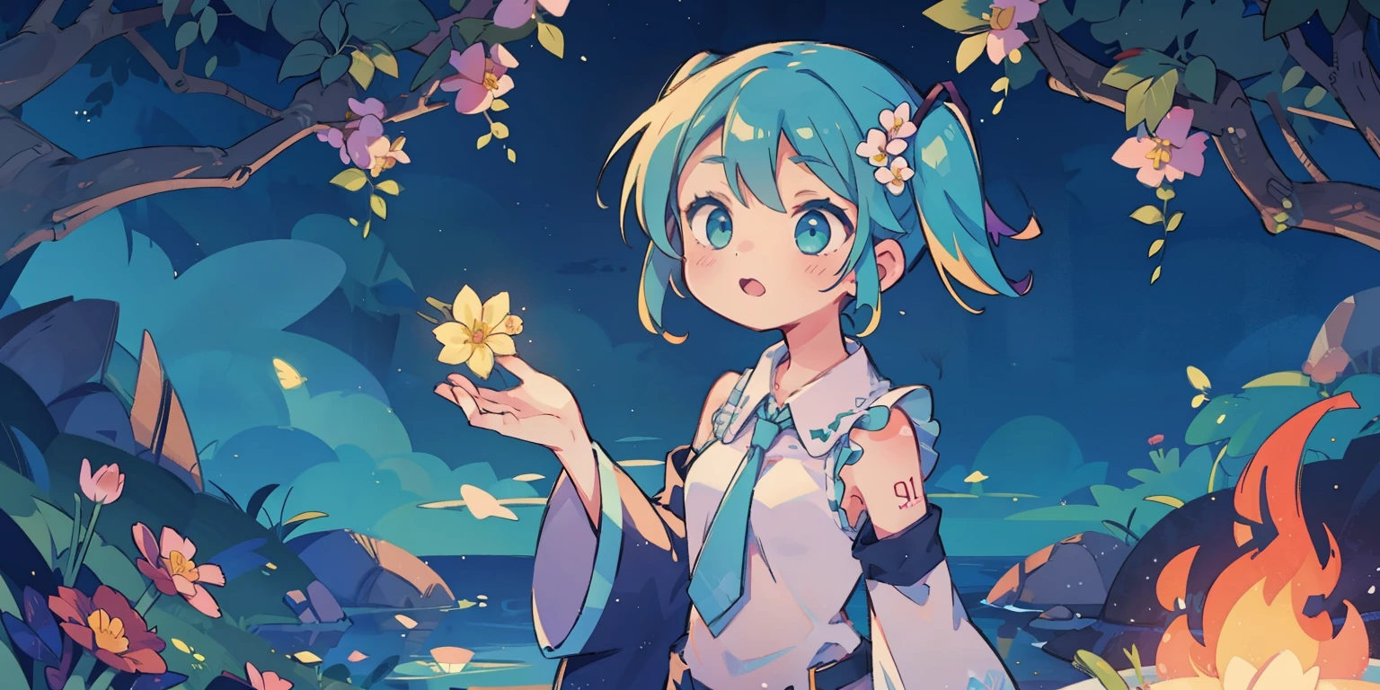 anime,(masterpiece, top quality, best quality, official art, beautiful and aesthetic:1.2),(1girl),upper body,extreme detailed,(fractal art:1.3),colorful,flowers,highest detailed,Hatsune Miku,water,fire