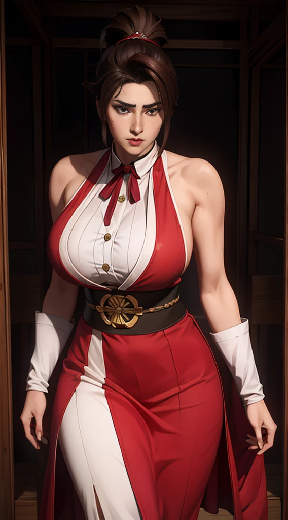 vestido vermelho, Mangas, Komono, ((Mai Shiranui:1.2)), bareshoulders, brown hair, olhos castanhos, Rabo de cavalo longo e alto, gravata de cabelo, maquiagem, 1 pessoas、25 anos, Japan mature woman, Dedo bonito, Belas pernas longas, Corpo bonito, Nariz bonito, Belo design de personagens, olhos perfeitos, rosto perfeito, jewelries, transparente, Olhando para o Viewer, ornamento de cabelo,  Gargantilha, Shy, O Rei dos Combatentes,
(masutepiece, of the highest quality, best quality, Arte Oficial, Beautiful and Aesthetic: 1.2), extremamente detalhado, Mais detalhado,
(seios grandes:1.2,) , saia flutuante,
Cyberpunk Little Tokyo and Region, Estados Unidos, corpo inteiro fotografado:1.2、Botas longas de cano alto com salto de pino,is standing