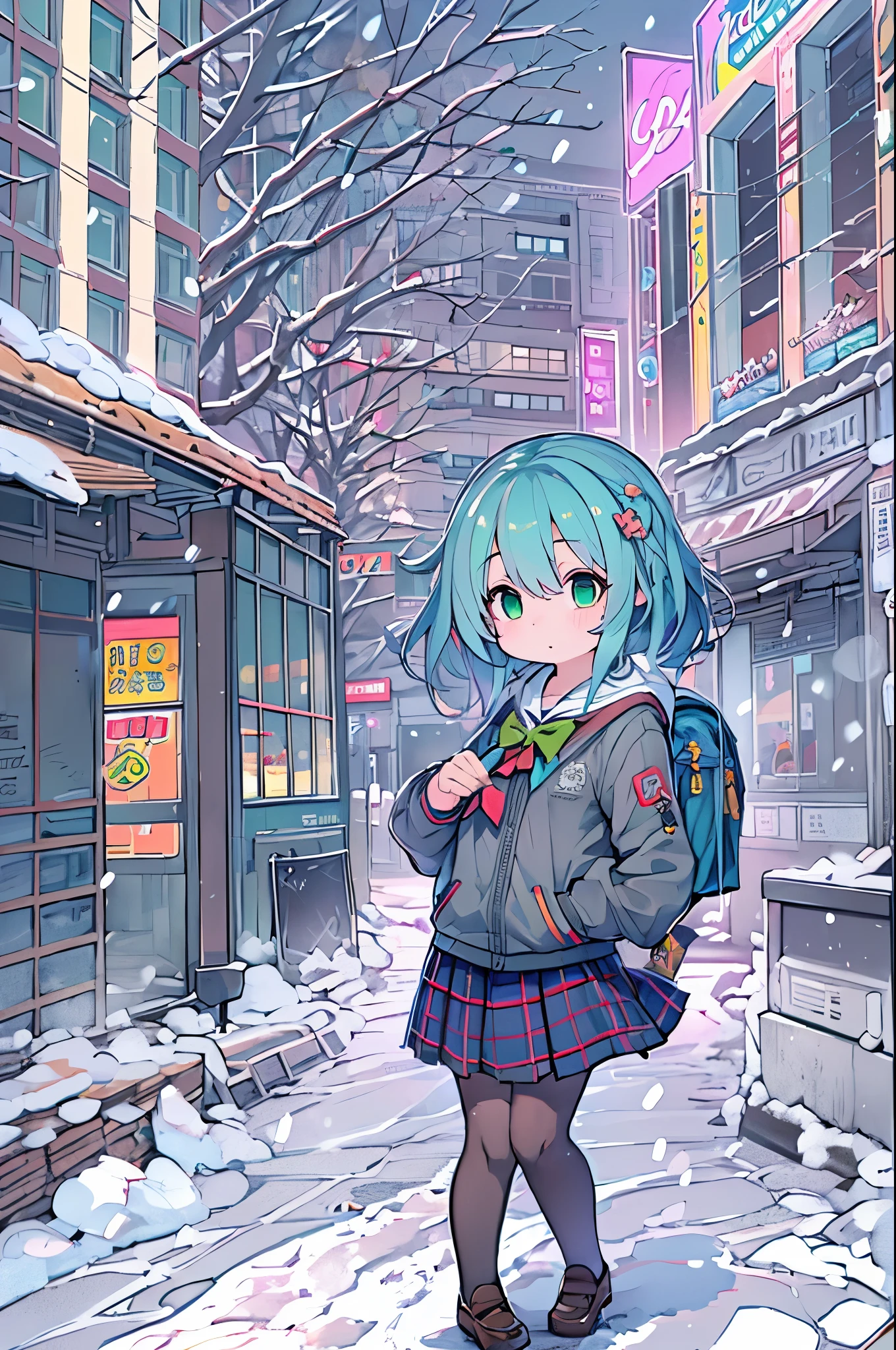 Best Quality,超A high resolution,1girl in,Solo,Full body,Snow,city,, Blue hair,Green eyes,nffsw,School uniform,bbw