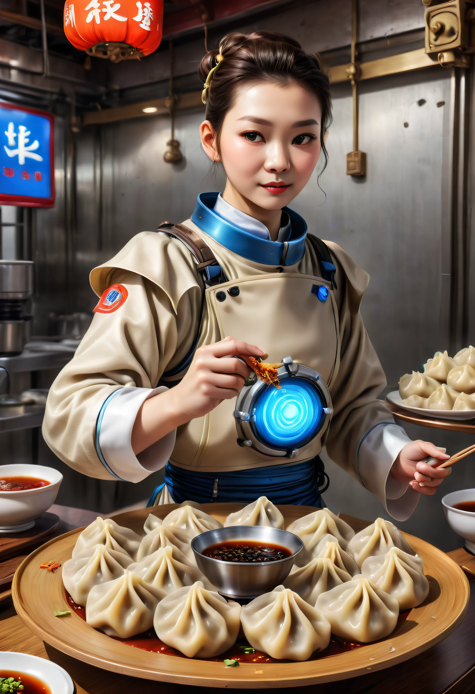 Advanced food factory，droid，(A plate of dumplings, New Moon:1.8)，A breath of the future，droid，Otaka，Silver metal body，Flashing blue LED light，human-like dexterity，precise，The Arm，Equipped with，precision tools，sensor，大Troubledmpling wrapperillings，Skillful，place filling，precise的动作，perfect fold background，conveyor，Shipping fresh dumpling wrappers，Get materials，Put the wrapped dumplings in，large steamer，blueglow，Steamed dumplings gourmet atmosphere，droid，Troubled，High efficiency，factory wall，Display Data，Schematic diagram，Monitor production process，nooks，large screens，Showcase droid design，Troubled流程，Demonstrate technology，Innovative，（Best quality，k hd，tmasterpiece，ultra - detailed，1.4x more realism，超k hd，Super fine oil painting，Focus sharp，physically-based renderingt，Extremely detailed description，professional，vivd colour）