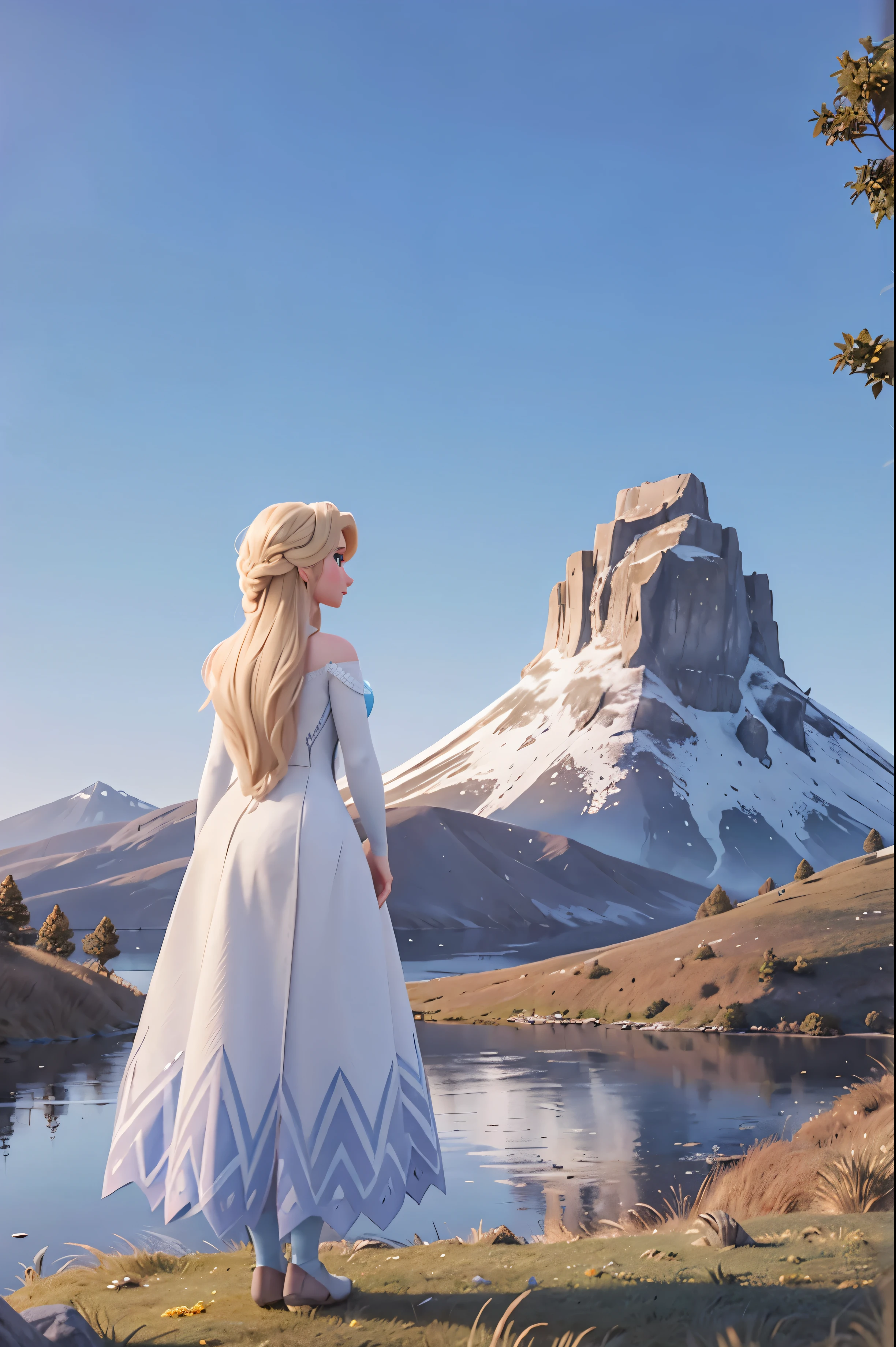 rear view, elsa standing on top of a hill observing the Lonely Mountain Erebor in the distance, grass and trees around, a big lake placed at the bottom right, morning light, intricate detail, 8k
