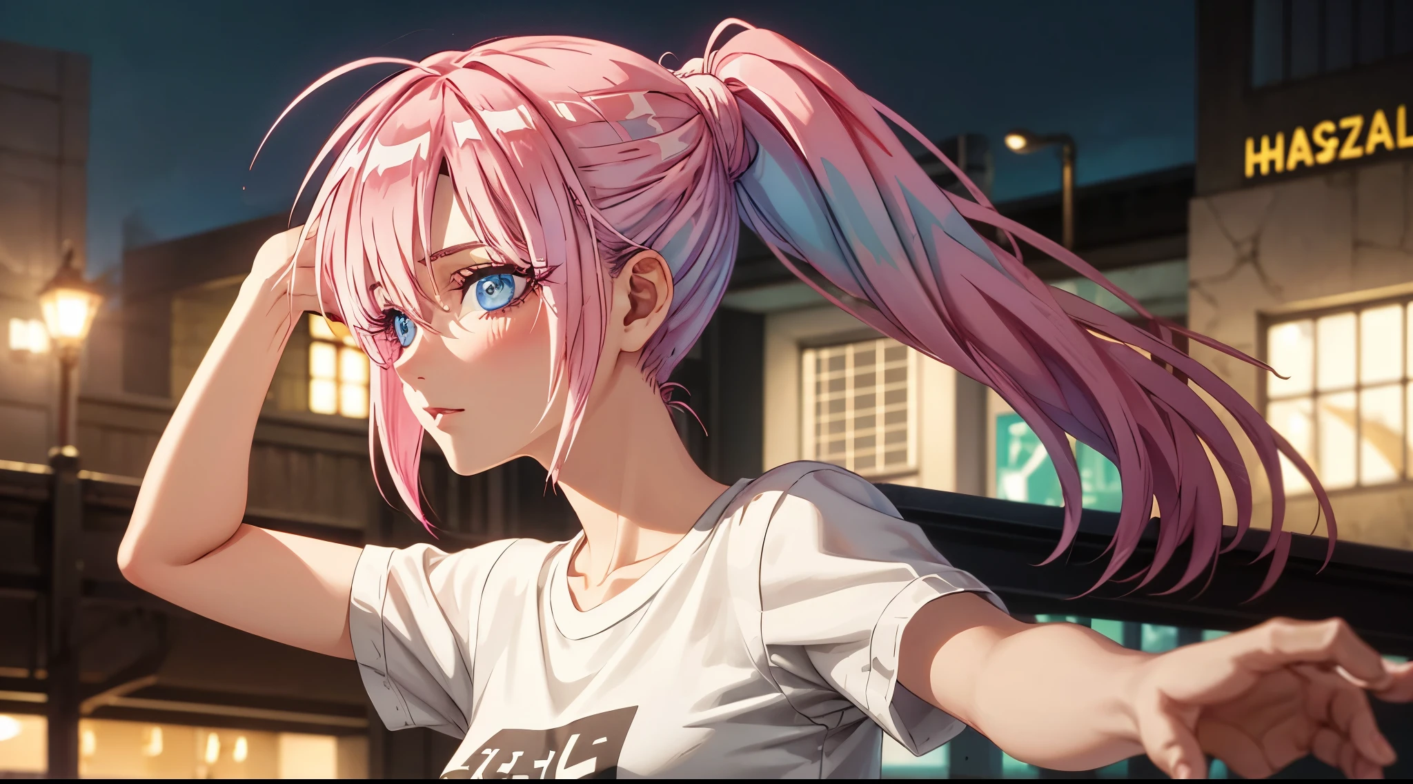 1girl, Shikimori, ribbon, gym uniform, t-shirt, short sleeves ,parody, upper body, pink hair, long hair, high ponytail looking at viewer, highly detailed background, (photo realistic:1.2), detailed eyes, red eyeshadow, depth of field, symmetry eyes, (ulzzang-6500:0.7), upper body, (solo:1.2), (cyberpunk city:1.1), ((young female)), perfect face, beautiful face, colorful, beautiful blue eyes, sexy blush expressions, arms up, raise bangs, hands on own cheeks, hands in hair, forehead, collarbone, style parody, good hand,4k, high-res, masterpiece, best quality, head:1.3,((Hasselblad photography)), finely detailed skin, sharp focus, (cinematic lighting), night, soft lighting, dynamic angle, [:(detailed face:1.2):0.2],(((city background))),