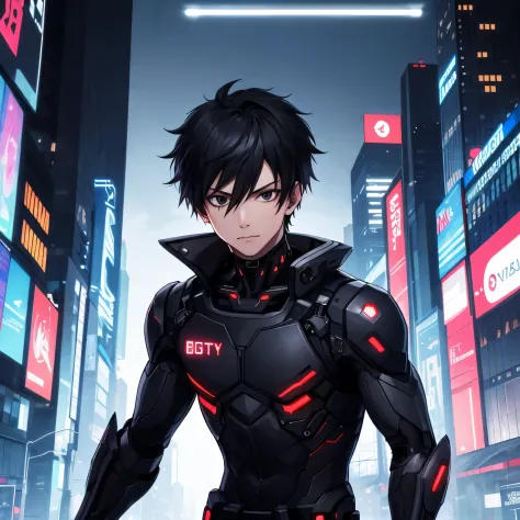 cyber punk, city, 1boy, black hair, black eyes, cyborg