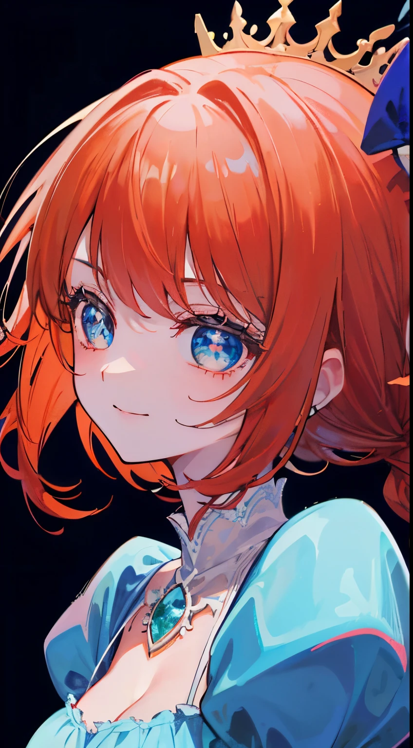 18 year old beautiful girl, blue big eyes,   and slender、slightly large breast, ((scarlet orange hair,)),(Loose fluffy short braided hair), in 8K, of the highest quality, (Highly detailed head: 1.0), (Very detailed face: 1.0), (very detail hair: 1.0),(Elegant light blue princess dress), Detailed official artwork, anime moe art style, clean detailed anime art, Cool smile
