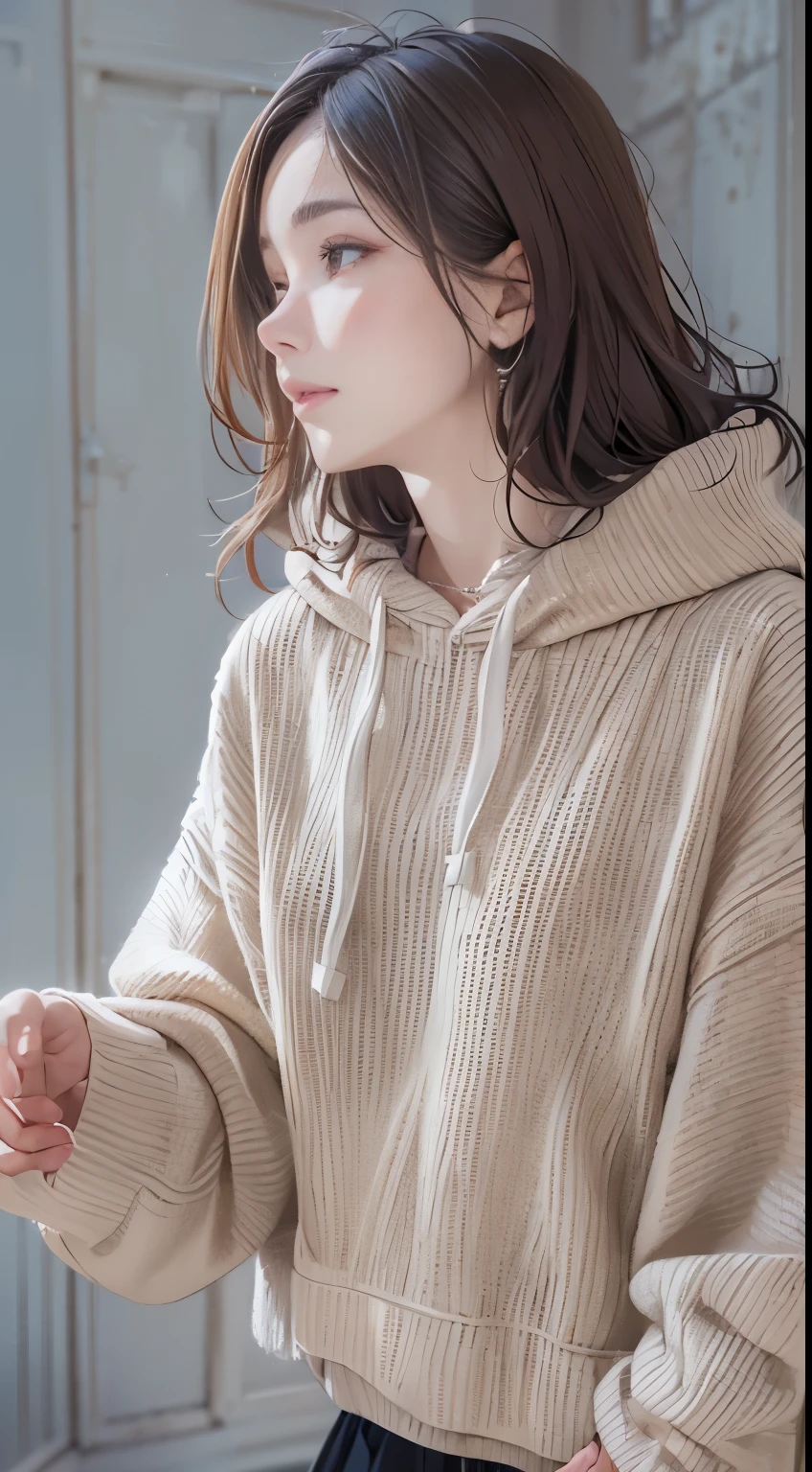 one girls、cute  face、parfect anatomy、knit hoodie、Clothing in calm colors、long  skirt、Longhaire、Hairpin、top-quality、Ultra-detail、masuter piece、８ｋ、50ｍｍlens、Professional Photographer