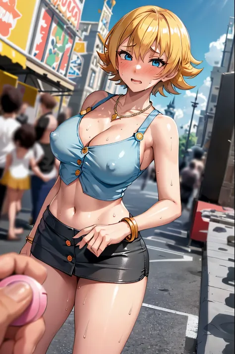igawa,blonde hair,bobcut,mature female,medium breasts,see through nipples,cleavage,(grid girl, crop top, ultra miniskirt, bare shoulders) ,(sweat gleaming skin:1.1), (disney land:1.2),outdoors,sunlight, spotlight effect,bright sky, blue sky with clouds,str...