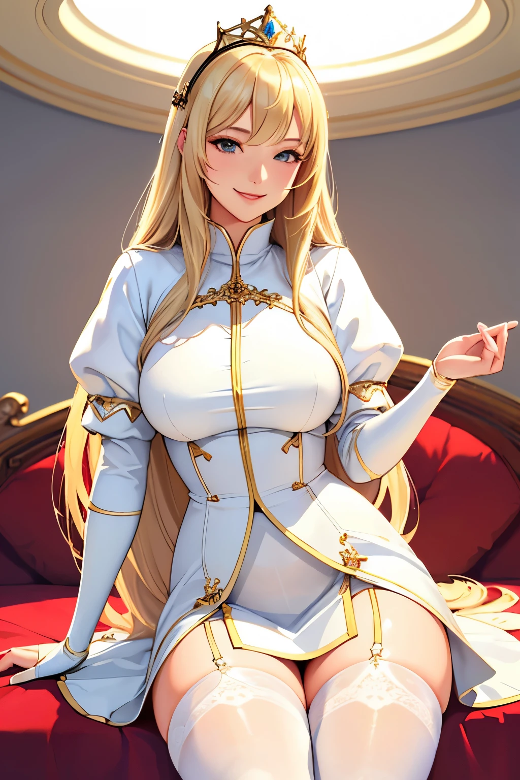 (Close Shot, Best Quality:1.5, hight resolution, nffsw, 4K, Detailed Lighting, shaded blonde straight hair, White princess dress,  thighs thighs thighs thighs, Stockings, Smiling, Bedroom background, tiarra