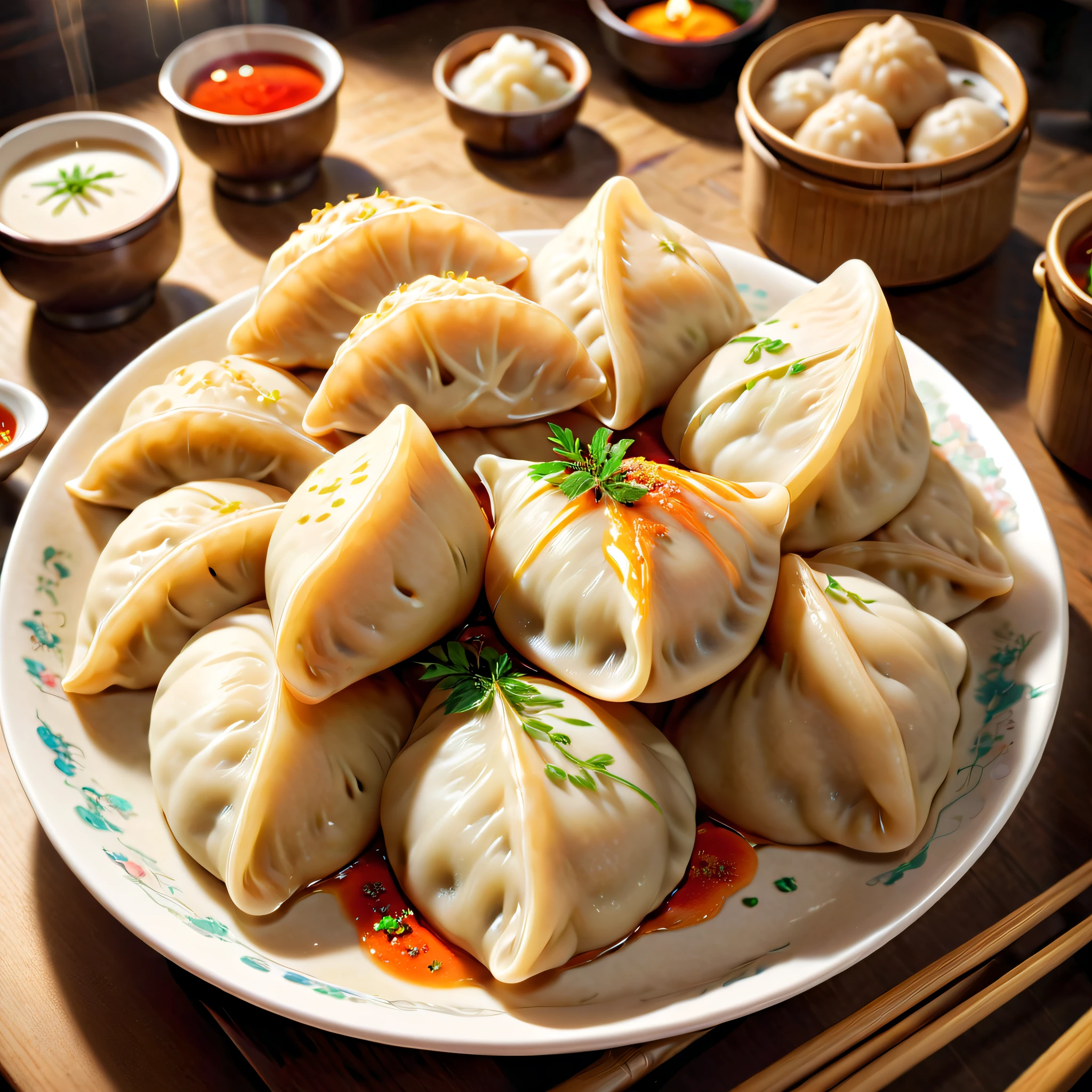 (crescent shaped клецкиs)，（(可爱的功夫熊猫夹着月牙形状клецки在吃)），Традиционная ...