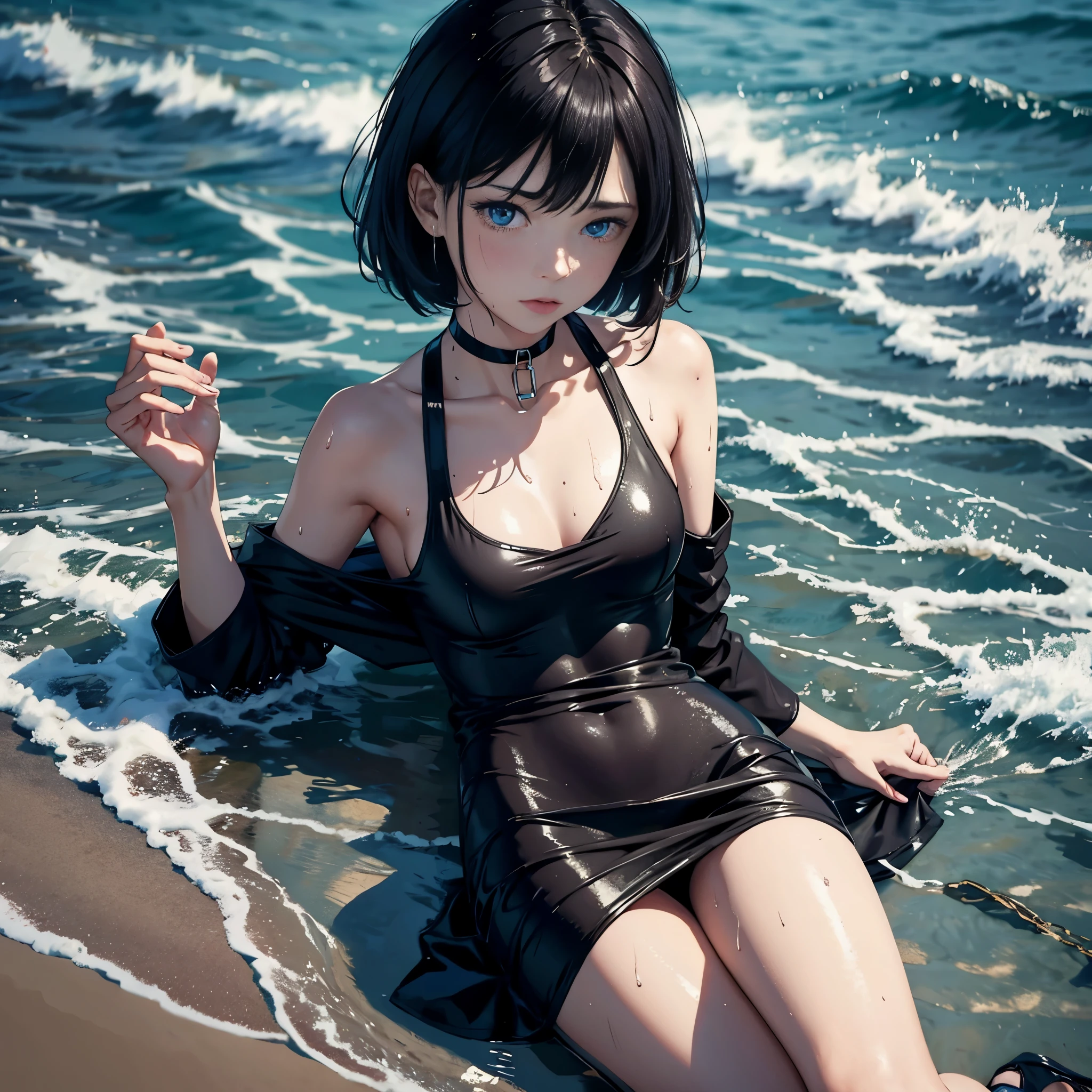 Anime girl in black dress sitting on the beach with her hands in her  pockets - SeaArt AI