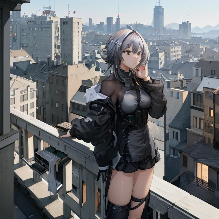 Anime girl with white hair and a black jacket standing on the balcony railing, best anime 4k konachan wallpaper, girls' frontline style, girls' frontline cg, badass anime 8 K, 4k anime wallpaper, from girls' frontline, anime style 4 k, artwork in the style of guweiz, from arknights, Fine details. girls' frontline