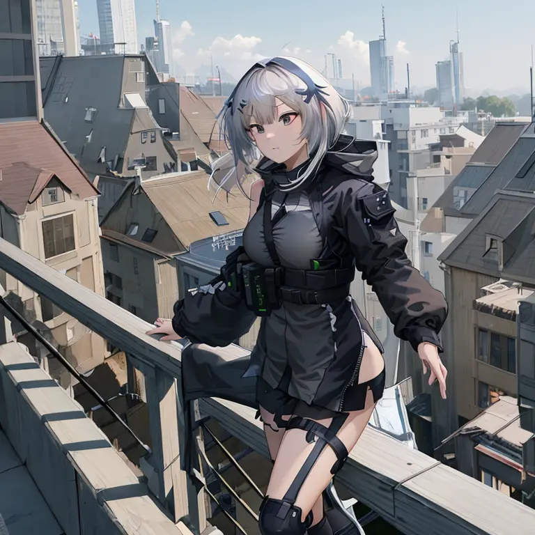 anime girl with white hair and a black jacket standing on the balcony railing, best anime 4k konachan wallpaper, girls' frontlin...