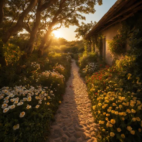 octano, heaven, Paisagem, 1 girl "Alexandra Daddario", dentro de um jardim de FLORES brancas，e o sol brilhava intensamente，The l...