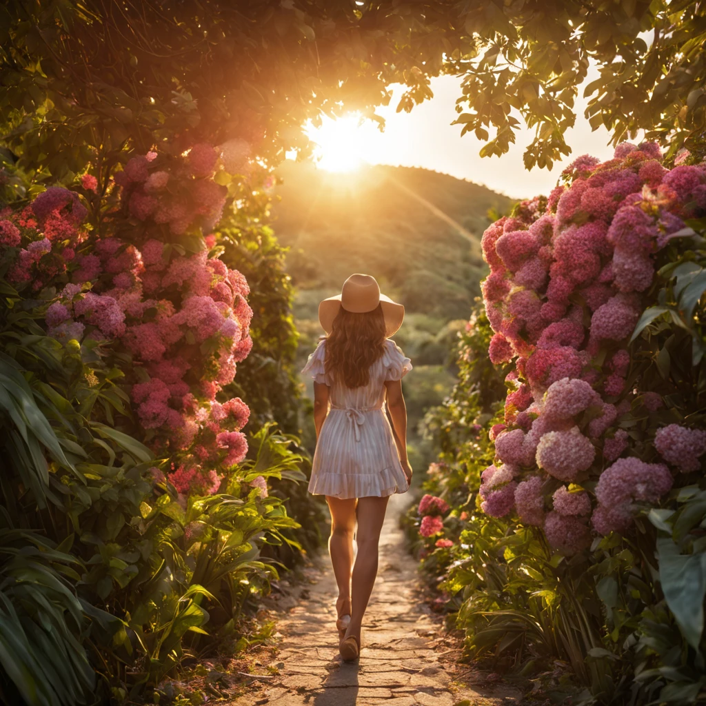 octano, heaven, Paisagem, 1 girl "Alexandra Daddario", dentro de um jardim de FLORES brancas，e o sol brilhava intensamente，The light from the back window is backlighted, Existe um caminho no meio do mar de flores，there is space between，There is a path in the center of the screen，The path leads to the distance，Quase real e muito virtual，FLORES brancas，There&#39;uma estrada no meio que leva para longe，the setting sun，变得 and the sun shone brightly，rico em detalhes，fotorrealista，Realismo，4K分辨率，textura rica，The painting style is smooth