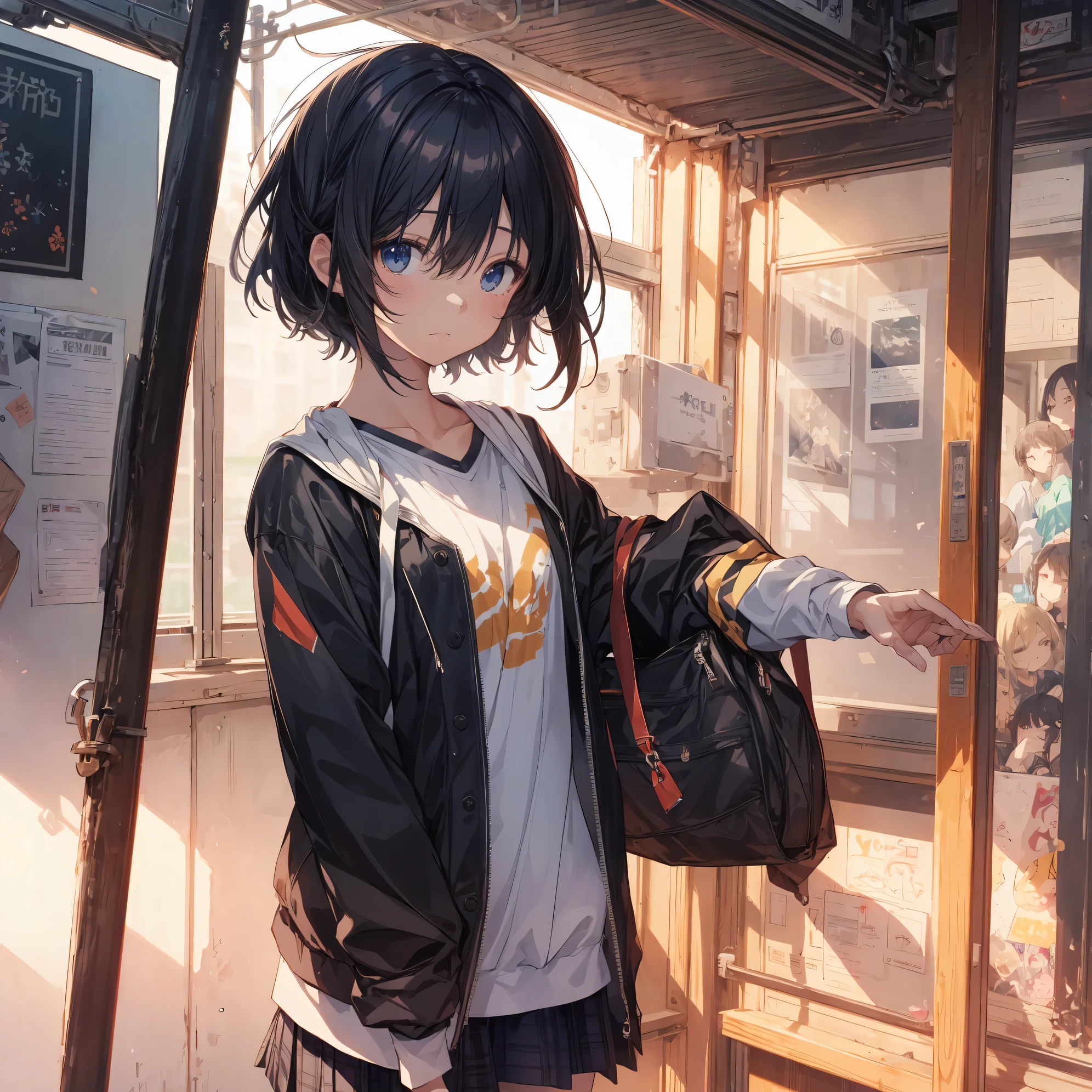 Super high quality by the art god, Ultra-detailed, High resolution, anime moe art style, best anime 8K konachan wallpaper, Pixiv Contest Winner, Perfect Anatomy, BREAK,(Draw a girl sleepily walking to school. ),BREAK, 1girl in, (Solo,,,13years:1.3),Full limbs, complete fingers,a junior high school student, Androgynous attraction, (Very short hair), Sleeping hair, hair messy, flat chest, Small butt, groin, Small eyes,Beautiful detailed black eyes, Well-proportioned iris and pupils, disgusted eye,  High resolution detailed hair, , Skirt, On the way to school. BREAK,Ultra-detailed細なスキン, Best lighting by famous artists, 8K, Illustration,