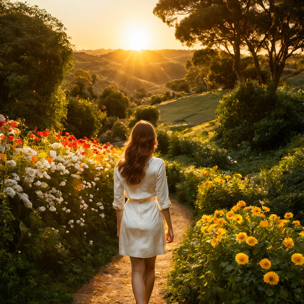 1 girl "Alexandra Daddario", dentro de um jardim de FLORES brancas，e o sol brilhava intensamente，The light from the back window is backlighted, Existe um caminho no meio do mar de flores，there is space between，There is a path in the center of the screen，The path leads to the distance，Quase real e muito virtual，FLORES brancas，There&#39;uma estrada no meio que leva para longe，the setting sun，变得 and the sun shone brightly，rico em detalhes，fotorrealista，Realismo，4K分辨率，textura rica，The painting style is smooth